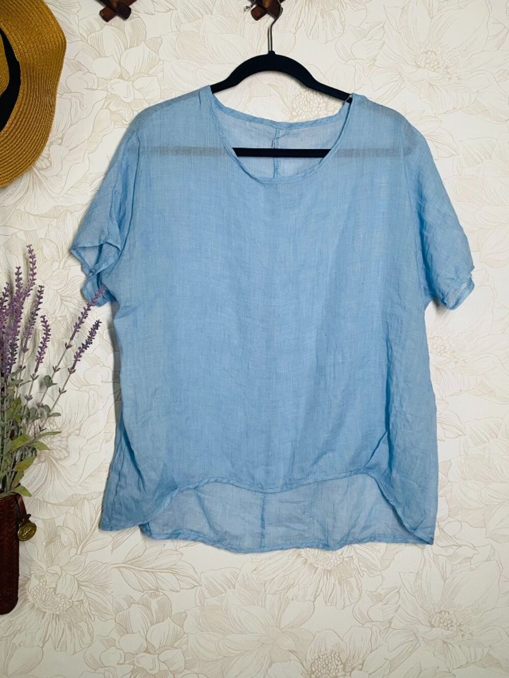 Light Blue Linen Tunic Top With Short Sleeves Rounded Neckline And High-Low Hem